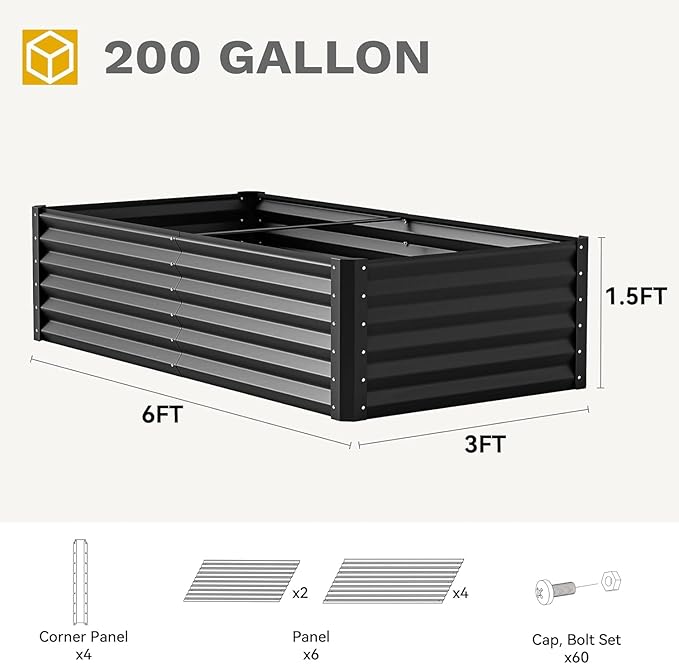 DWVO 6 x 3 x 1.5 FT Raised Garden Bed Kit, Outdoor Galvanized Flower Bed with Gloves, Large Metal Planter Box for Vegetables, Flowers, Herbs, Fruits, Black