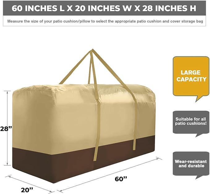 Outdoor Cushion Storage Bag Extra Large 420D Oxford Waterproof Patio Cushion Storage Bags with Zippers and Handles, 60" L x 20" W x 28" H (Beige,2 Pack)