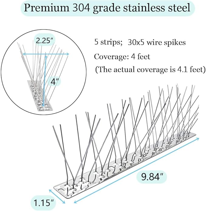 PANGCH Bird Spikes,Stainless Steel Bird Spikes Metal Bird Spikes Fence Spikes Easy to Install - 5 Strips 4.1 Feet Coverage