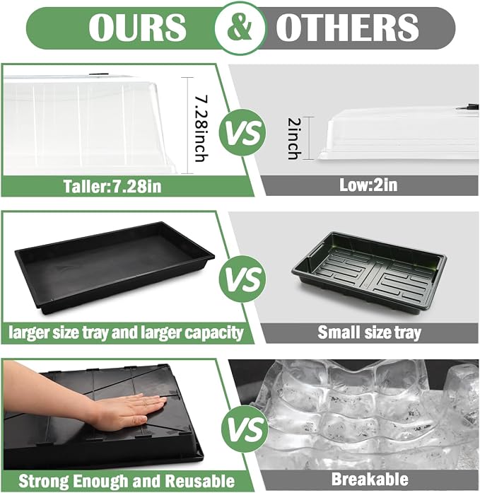 5 Pack 1020 Plant Tray with Tall Dome (7.3 inch), Plastic Flat Seed Starter Tray with Humidity Domes, Heavy Duty 1020 Trays with Lid, Durable Carrying Seedling Starting Tray for Planting (Black)