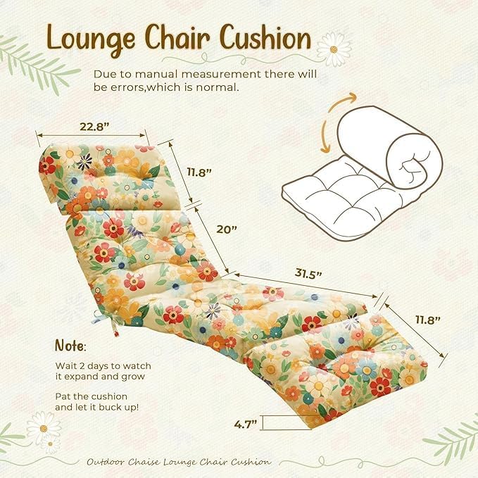 2 Pack Outdoor Chaise Lounge Chair Cushion 75.1 x 22.8 x 4.7 Inches 100% Waterproof Replacement Cotton Patio Pool Lounge Chair Cushion for Outdoor Furniture with Ties,Daisy