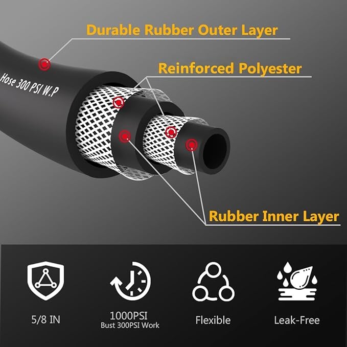 Guitrees Leader Garden Hose 10ft x 5/8", Heavy Duty Short Water Hose, Male to Female Fittings, Five Layered Braiding for Durability, 1000PSI Burst, 300PSI Working (Black)