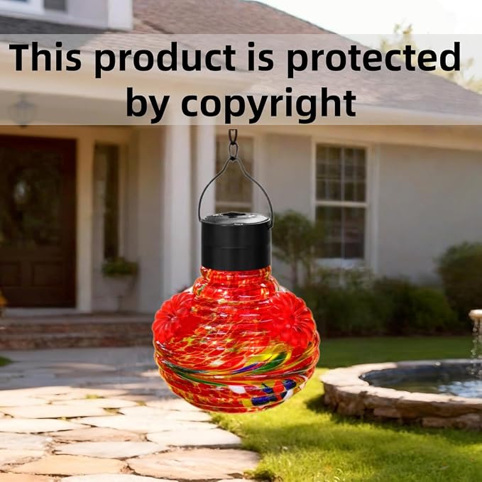 VOREEN Solar Hummingbird Feeder, Hand Blown Glass 17oz Hanging Feeder with LED Light, Waterproof & Rust-Proof Silicone Flower Ports, Decorative Garden Lantern for Outdoor Yard Patio (Multicolor)