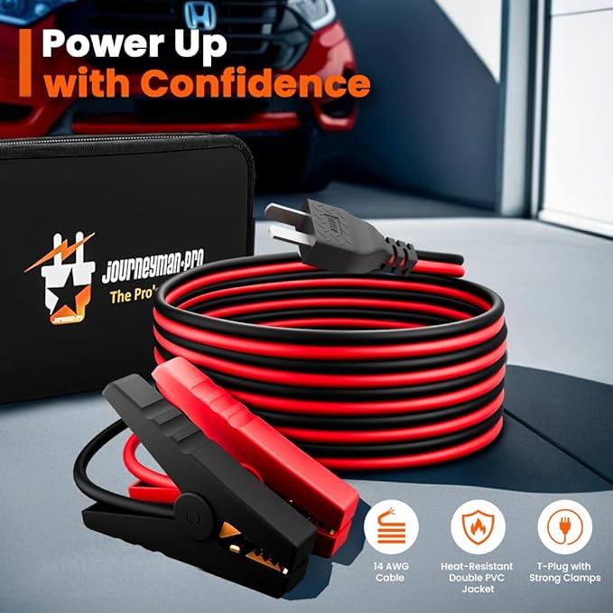 Journeyman-Pro DC Battery Charging Cables T-Type Compatible Honda Generator 14AWG 15A 12VDC Insulated Clamps 12' Feet Cord RV Replaces 32650-892-010AH EU1000i EU2000i EU3000i (T-Type Plug 12FT)