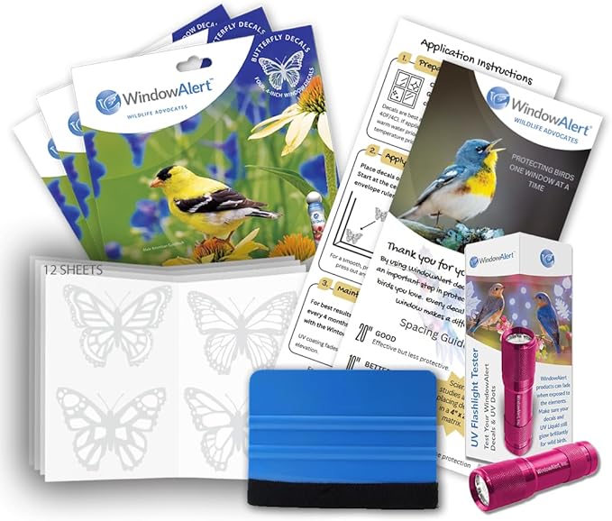 WindowAlert Butterfly Large Starter Pack - Bird Strike Prevention Decals (12 Envelopes) with UV Tester Flashlight & Application Squeegee - Made in USA