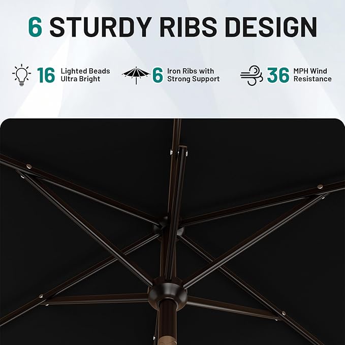 AreShark 6.5' x 10' Rectangular Patio Umbrella with Solar Lights, Solar Powered Lighted Market Umbrella w/Tilt and Crank, Outdoor Table Umbrella for Garden, Deck, Backyard, Pool and Beach, Black