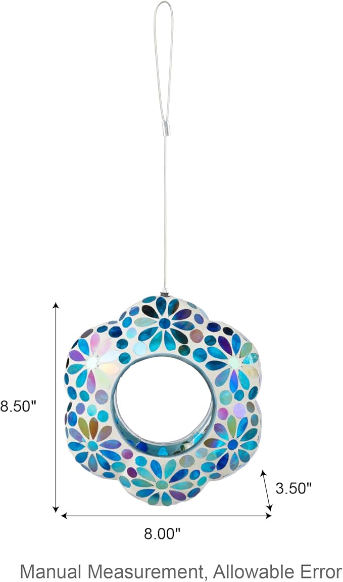 Glitzhome 8''D Hanging Glass Birdfeeder,Flower Shaped Fly Through Wild Bird Feeder for Outdoors,Multi-Color Mosaic Birdfeeder for Garden,Yard,Backyard,Deck and Porch Decor