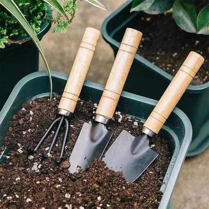 3 Pcs Mini Gardening Tool Set, Shovel, Spade, Rake Kit with Ergonomic Wooden Handles, Ideal for Planting, Weeding and Cultivating, Gardening Plant Tool for Cactus Herbs Indoor Miniature Plants (1 Set)
