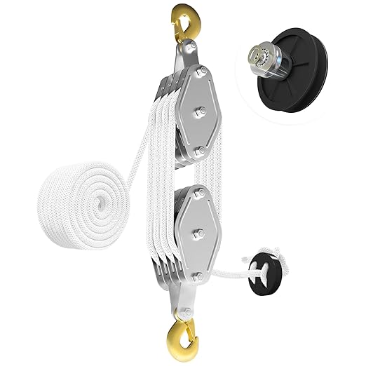 YATOINTO Rope Pulley Hoist with Metal Bearing 4400 LB, 8:1 Pulley Block and Tackle System, Pulley Block 2200LB Loading Capacity, 65ft Heavy Duty Rope Hoist for Hunting Garage Warehouse Constructions