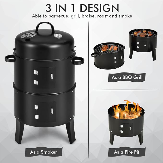 Giantex 3-in-1 Outdoor Smoker Grill, Portable Charcoal BBQ Grill, Built-in Thermometer and Air Vent, 6 Hooks, 2 Layers Vertical Steel Charcoal Smoker for Outdoor Cooking Camping