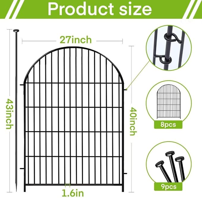 ADAVIN Garden Fence Animal Barrier with Gate 40 in(H)×17.5 Ft(L) 8 Panels,Rustproof Metal Wire Tall Fencing Border for Dogs Rabbits,Outdoor no dig pet Fences,Black Flower Edging for Yard,Arched