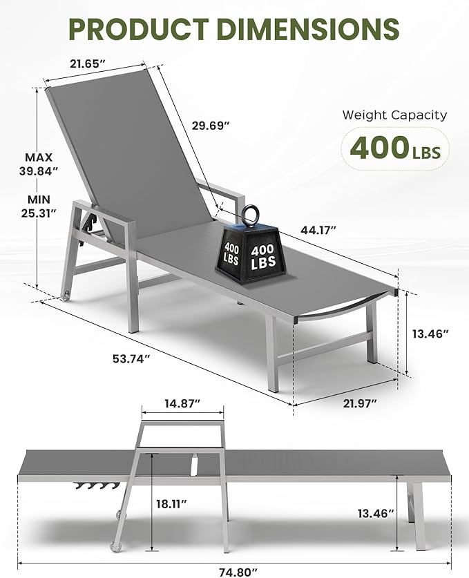 Vexwalx Patio Chaise Lounge Chair Outdoor with Wheels&Armrests, Aluminum Pool Lounge Chairs 5-Position Adjustable Recliner, Outdoor Beach Lounge Chairs for Poolside, Patio, Deck, Yard, Dark Gray