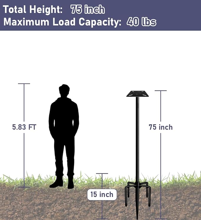 75 Inch Smart Bird Feeder Pole with 5-Prong Base, Adjustable Bird House Pole Mount Kit for Outdoors, Heavy Duty Feeder Stand for Wild Birds Watching, Black