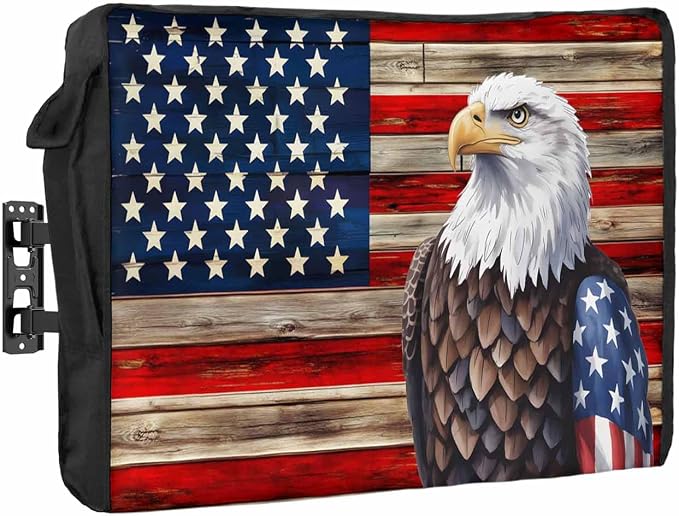 DecorLovee American Flag Outdoor TV Cover 70 to 75 Inches Weatherproof & Waterproof, Vintage Blue Red USA Flag Outdoor TV Enclosure with Remote Control Pocket, Eagle TV Screen Protectors for TV
