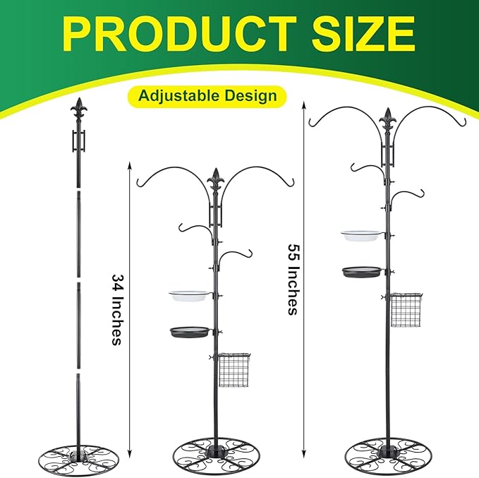 MorningRo Adjustable Shepherd Hook Stand, 34"- 55" Black Iron Shepherd Hook with Base for Plant Hanging, Wind Chime & Bird Feeder - Outdoor Garden Porch Decoration(Classic Style)