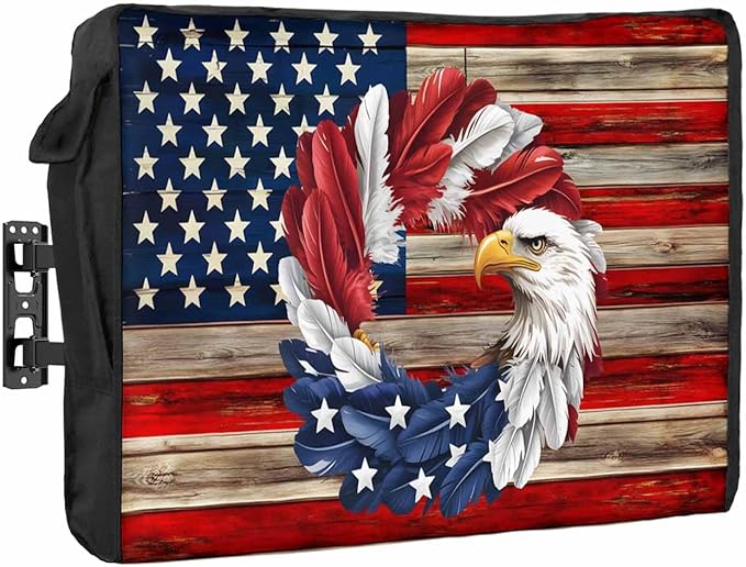 DecorLovee Vintage American Flag Outdoor TV Cover 80 to 85 Inches Weatherproof & Waterproof, Eagle Wreath Outdoor TV Enclosure with Remote Control Pocket, Blue Red USA Flag TV Screen Protectors for TV