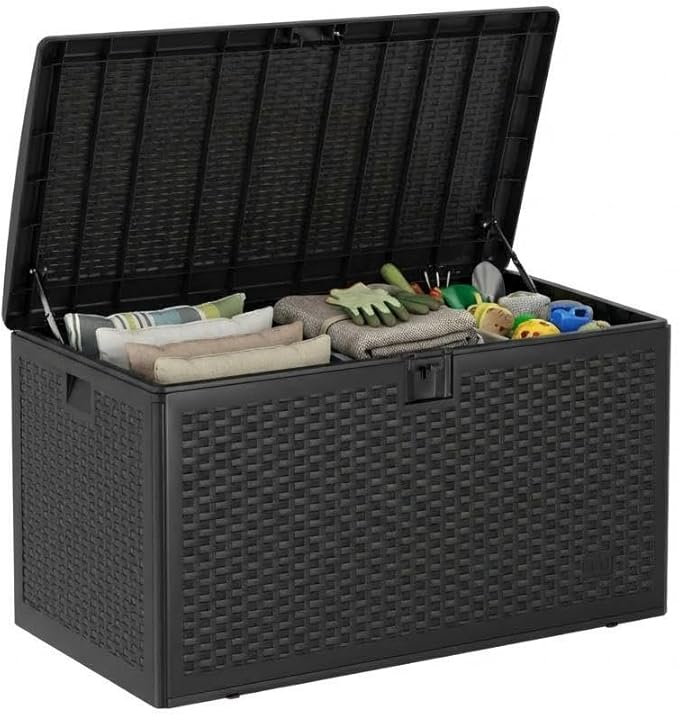 99 Gallon Waterproof Large Resin Deck Box Indoor Outdoor, Lockable Storage Container for Patio Furniture Cushions, Throw Pillows, Garden Tools, and Pool Floats Black 50" L x 26" W x 25" H