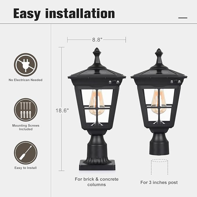 Solar Lamp Post Light, Cast Aluminium Waterproof LED Pillar Lights with Glass Outdoor Dusk to Dawn Post Light Solar Powered ST4311BQ for Pier Mount Gates Yard Pole (Black+Clear Glass)