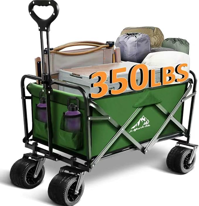 Foldable Wagon Cart, 300lbs Folding Utility Cart with All-Terrain Wheels, Collapsible Wagon for Gardening, Camping, Beach, Outdoor Use, Green