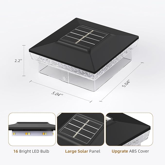 Solar Post Cap Light 4x4/5x5 – 16 Pack, Dual Color, 800mAh, 12H Runtime, Auto Dusk-to-Dawn On/Off, Black