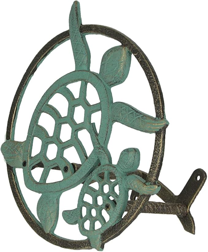 Zeckos Verdigris Bronze Finish Cast Iron Sea Turtle Decorative Wall Mounted Hanging Garden Hose Hanger - 12 Inches Diameter - Ocean-Inspired Hose Holder Décor