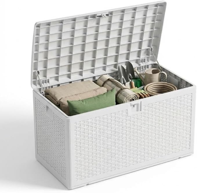 99 Gallon Waterproof Large Resin Deck Box Indoor Outdoor, Lockable Storage Container for Patio Furniture Cushions, Throw Pillows, Garden Tools, and Pool Floats White 50" L x 26" W x 25" H