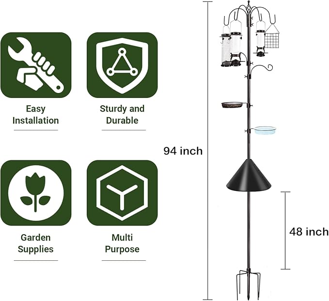 YINGYM 6-Hook Bird Feeding Station Kit Wild Bird Feeder Stand Pole, Multi-Feeder Hanging Kit Stand with Water Bowl, Mesh Tray and Squirrel Guard Baffle, 94 Inch