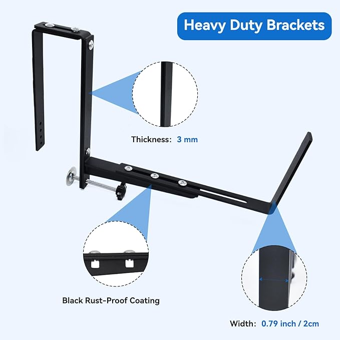 Halatool Window Box Brackets, 2 Pack Adjustable Flower Planter Box Brackets, Heavy Duty No Drill Window Box Brackets with 75 lb Capacity for Outdoor Railings, Balcony, Porch, Fence, and Garden