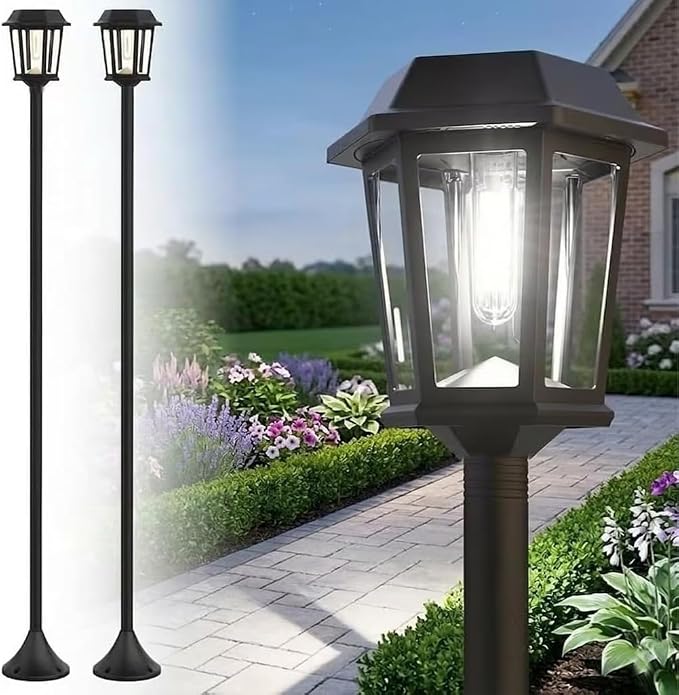 2 Pack Solar Lamp Post Lights Outdoor, 61” Dusk to Dawn Solar Pole Lights for Outside, 6000K Cool White Waterproof Floor Lamps for Patio, Yard, Pathway, Driveway