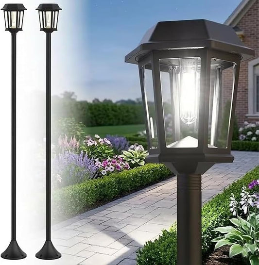 2 Pack Solar Lamp Post Lights Outdoor, 61” Dusk to Dawn Solar Pole Lights for Outside, 6000K Cool White Waterproof Floor Lamps for Patio, Yard, Pathway, Driveway