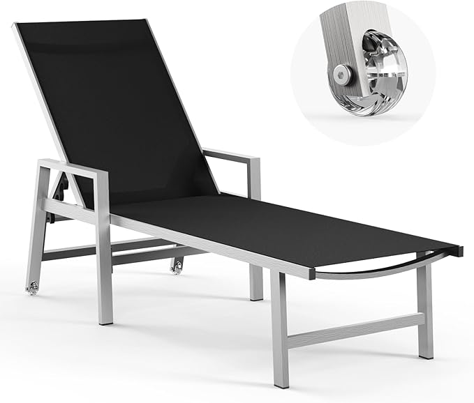 Vexwalx Patio Chaise Lounge Chair Outdoor with Wheels&Armrests, Aluminum Pool Lounge Chairs 5-Position Adjustable Recliner, Outdoor Beach Lounge Chairs for Poolside, Patio, Deck, Yard, Black