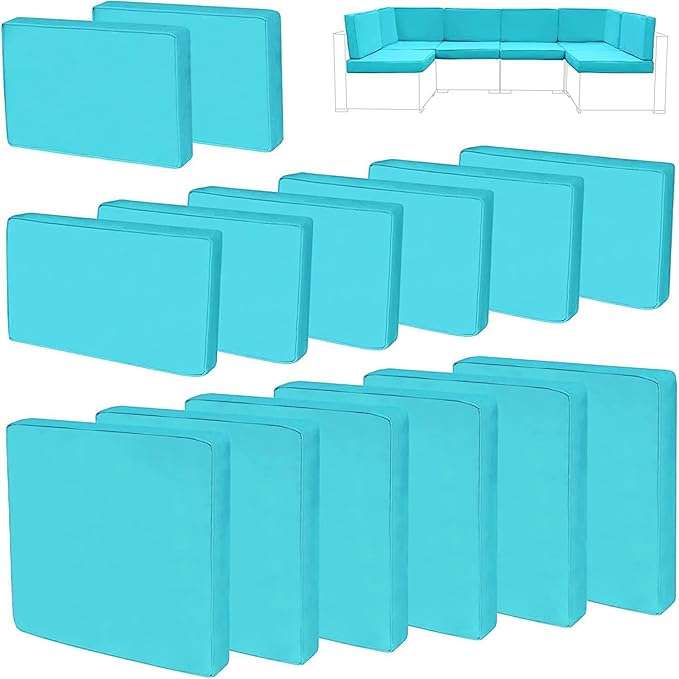 14Pieces Patio Cushion Covers Replacement,Outdoor Couch Cushions Covers Waterproof Furniture Cushion Covers Slipcovers Set with Zippers,Cover Only(Cyan, 23.6×23.6×3.35 inches)