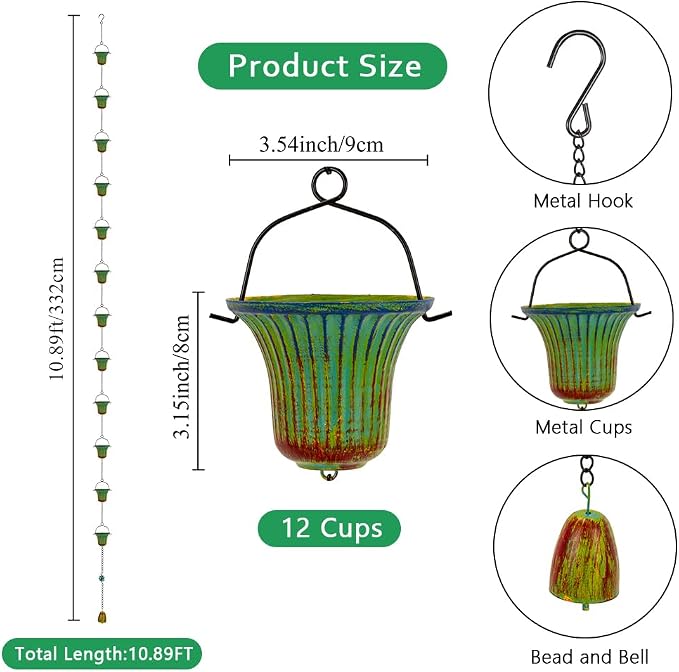 10ft Rain Chains for Outside Gutters, Eaves, Drainage | 12 Cups, Metal Rain Chain, Adjustable Length, Decorative Replacement Downspout