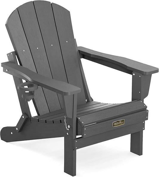 SERWALL Folding Adirondack Chair with Cup Holder for Outdoor, All-Weather Patio Chairs with Wood Texture, Fire Pit Chairs for Deck Porch Garden - Gray