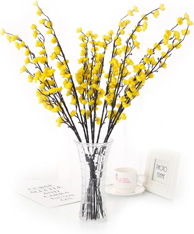 5 Pcs Artificial Plum Blossom Fake Wintersweet Long Stem Plastic Flowers Home Hotel Office Wedding Party Garden Decor 27.5'' High Yellow