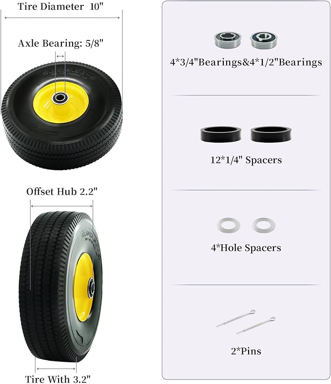 4.10/3.50-4 Tire and Wheel Flat Free, with 5/8” Axle Bore Hole, Extra 3/4”&1/2” Bearings, 2.2” Offset Hub,10” Solid Polyurethane Tires for Hand Trucks, Dollies, Garden Trailer (2Pack)