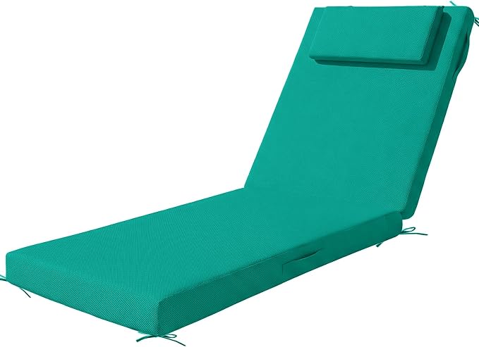 Outdoor Chaise Lounge Cushions, 72x21 Inch Olefin Water & Fade Resistant Pool Lounge Chair Cushions, Patio Sun Lounger Pad with Pillow & Straps for Patio, Pool, Deck, Lawn, Lake Blue
