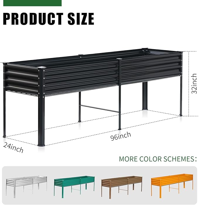 Land Guard Galvanized Raised Garden Bed with Legs, 96×24×32in Raised Garden Beds Outdoor with Drainage Holes, Planter Boxes Outdoor for Backyard, Patio, Balcony, 1200lb Capacity, Gray
