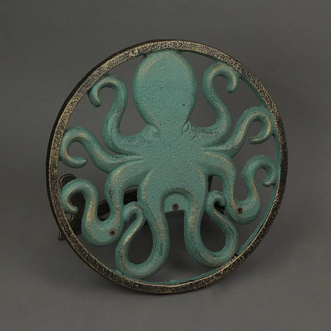 Zeckos Verdigris Octopus Garden Hose Hanger - Cast Iron Decorative Wall-Mounted Holder - 12-Inch Diameter - Stylish Outdoor Decor for 75–100 ft Capacity