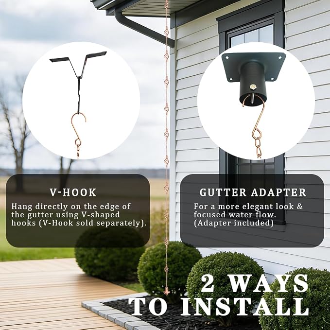 Rain Chains for Gutters with 11 Spiral Cups, 8.5 FT Heavy Duty Rain Catcher Chain Set with Adapter & Anchor, Copper Decorative Water Chain for Outside, Replacement for Gutter Downspout Garden Decor.