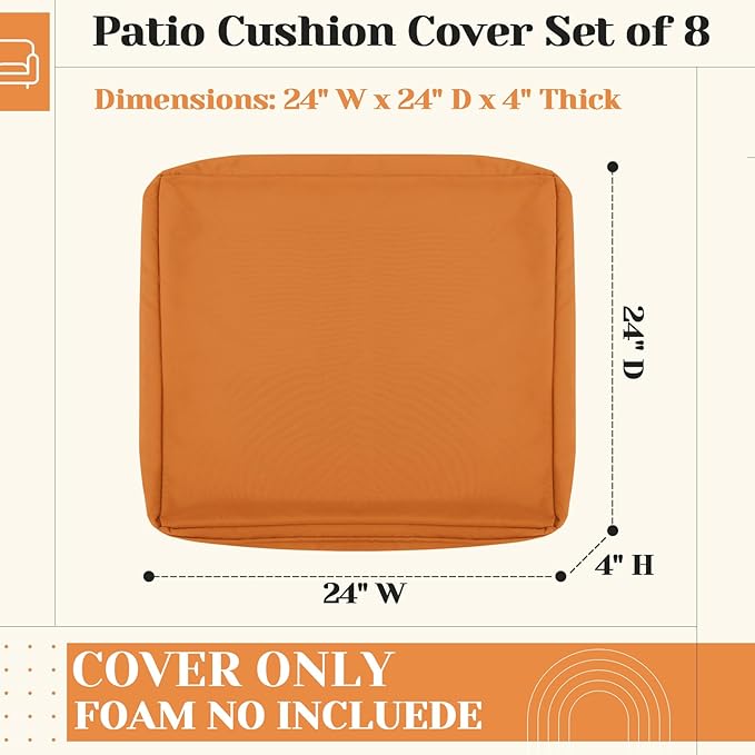 Mindsoft 8 Pcs 24"x24" Patio Cushion Covers Outdoor Cushion Covers Replacement High UV Resistant Anti Slip Waterproof Patio Chair Seat Slipcovers for Outdoor Furniture(Orange)
