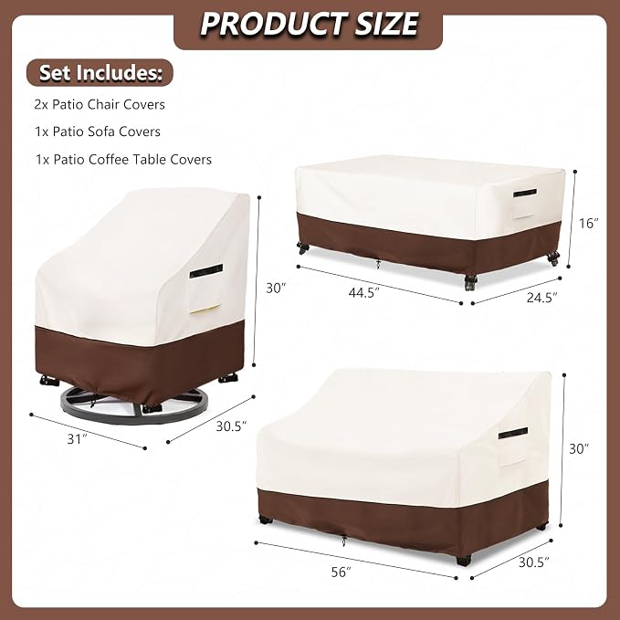 Patio Furniture Covers 4 Piece Set, 600D Heavy Duty Outdoor Furniture Covers Waterproof for Patio Loveseat,Swivel Rocker Chair and Coffee Table Furniture Set,Beige & Brown