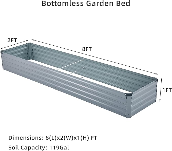 Meberam 2 Pack 8x2x1FT Galvanized Raised Garden Bed Kit, Outdoor Metal Planter Box for Vegetables, Bottomless Rectangular Gardening Bed with Support Rods, Tool-Free Assembly, Gray