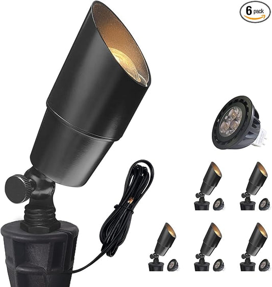 COLOER Brass Low Voltage Landscape Spotlight(Black) 6-Pack with 5W Aluminum Housing MR16 LED Bulb 2700K 450LM CRI85+,12V AC/DC Outdoor Uplighting, Directional Garden Patio Spot Up Light(101B-Black)
