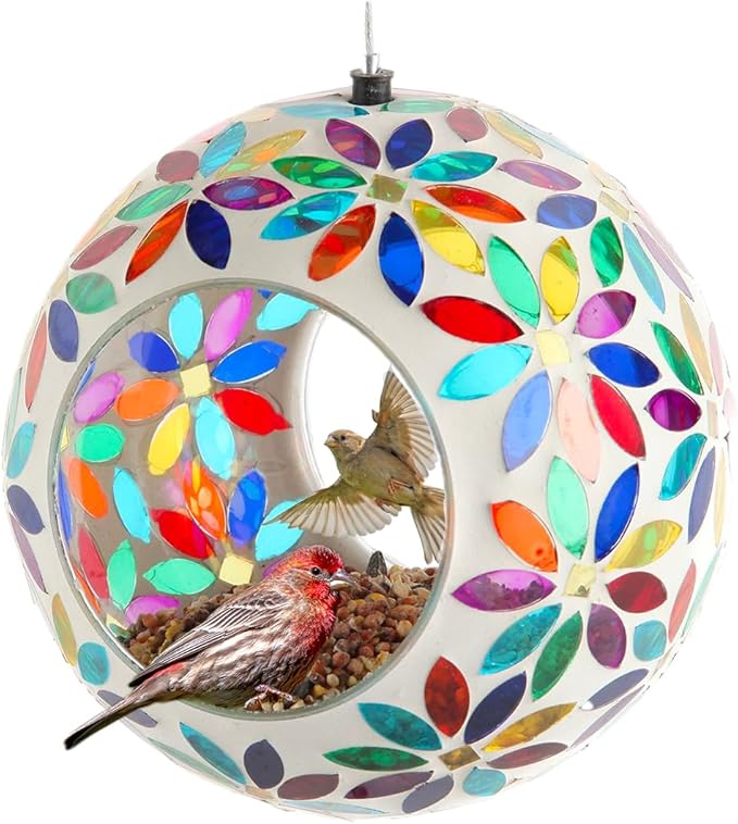 Lily's Home 5.5 Inches Glass Mosaic Hanging Bird Feeder for Outdoors Fly-Through Large Bird Feeder for Outdoor Garden Decor Backyard, Animals Lovers Gift, Multi Color Flowers