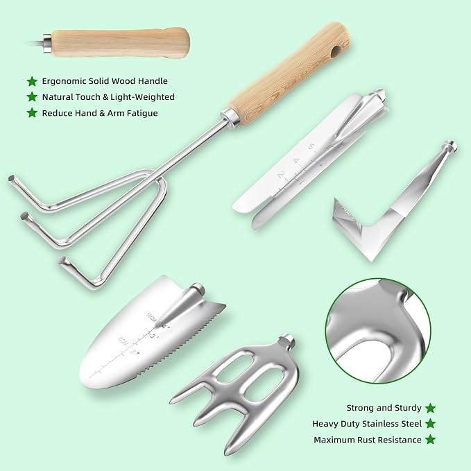 Garden Tools Set, 9-Piece Heavy Duty Gardening Tools with Clear Pocket Tote Bag, Stainless Steel Garden Hand Tools for Digging, Planting, Weeding and Pruning, Durable Gardening Kit