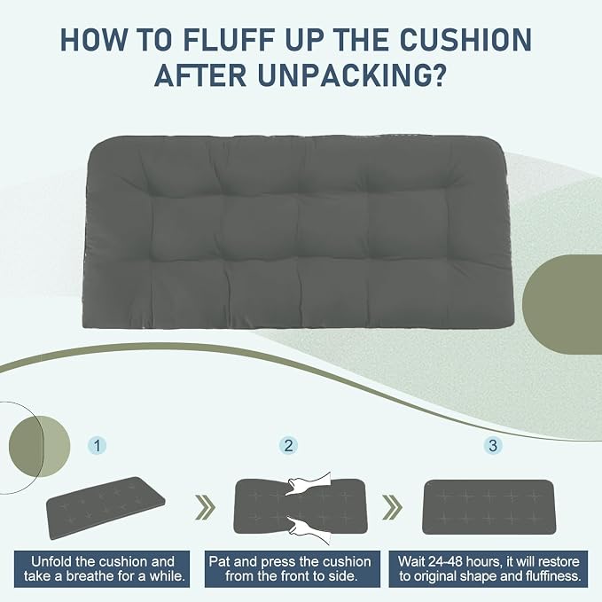 downluxe Outdoor Bench Cushion for Patio Furniture, Water Resistant Tufted Overstuffed Porch Swing Cushions, Thick Outdoor Loveseat Cushions, 44" X 19" X 5", Dark Grey, Set of 1