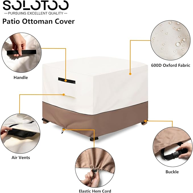 Patio Ottoman Cover Waterproof Heavy Duty Square Outdoor Ottoman Covers, 32W x 32D x 18H Inches Patio Furniture Covering Protector Outdoor Side Table Cover (Beige)