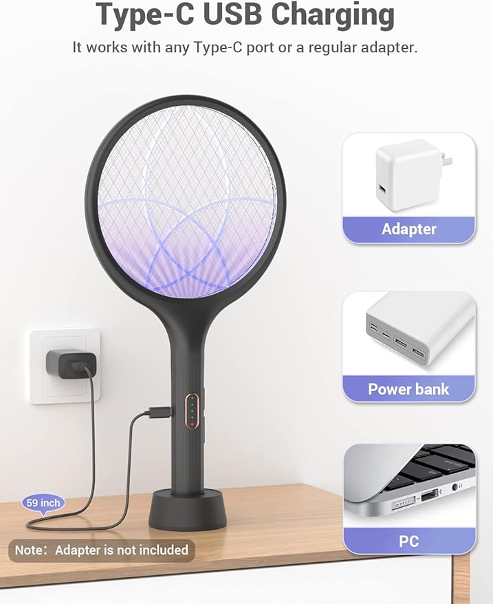 YISSVIC Electric Fly Swatter Bug Zapper Racket Dual Modes Mosquito Killer with Purple Mosquito Light Rechargeable for Indoor Home Office Backyard Patio Camping (Black 2 Pack)