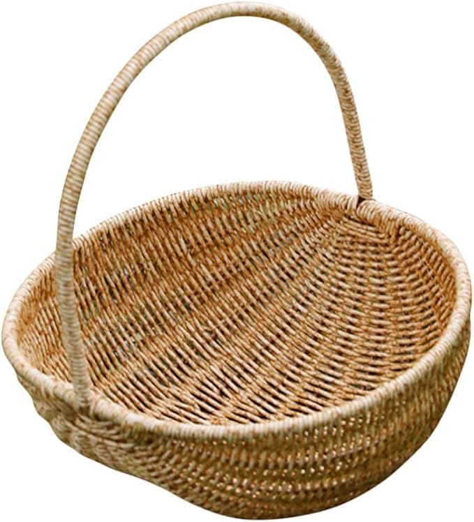 Kisangel Creative Light Brown Picnic Basket - Multi-Functional Rattan Style Harvest Shopping Basket for Fruits Vegetables Outdoor Activities and Kitchen Storage